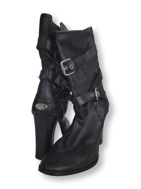 Coach Women's Black Leather Buckle Strap High Heel Slouchy Boots (size 8)
